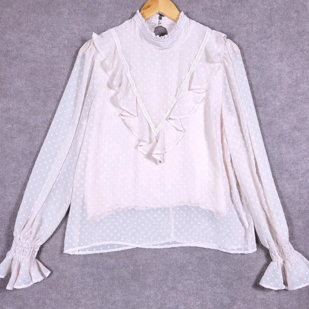 JOHNNY BECCA JOHNNY WAS Top Women's Medium Swiss Polka Dots Chiffon Peasant